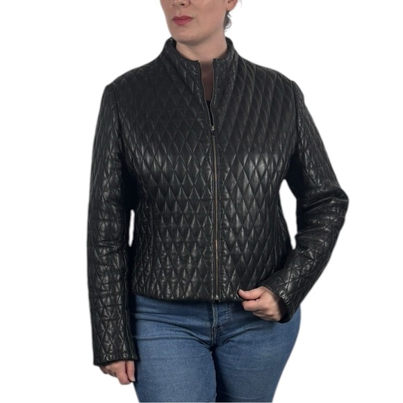 VINTAGE 90S JONES NEW YORK QUILTED DIAMOND BLACK LEATHER ZIP UP RACING JACKET - Picture 1 of 16